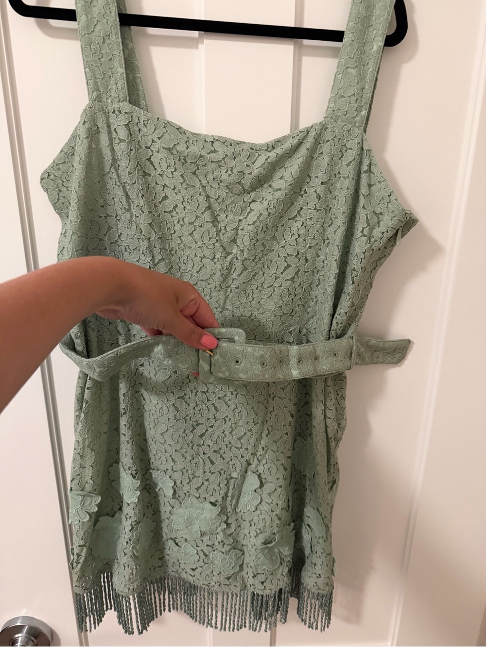 EDDY Sage Green Lace Fringe Belted Dress